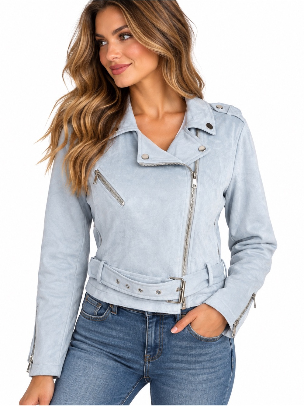 Light Blue Faux Suede Moto Jacket Belted Biker Style Size L